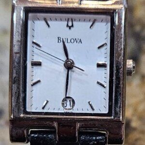 Bulova Women's SIlver Tone Tank Watch with Date and Black Leather Strap